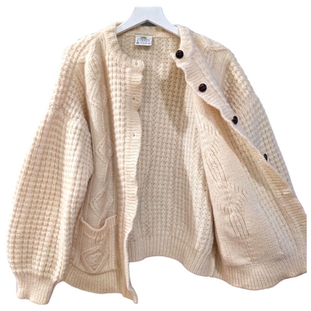 BONNER OF IRELAND Waffle Knit 100% Pure Wool Cream Button Sweater Cardigan Sz XL - Picture 4 of 8